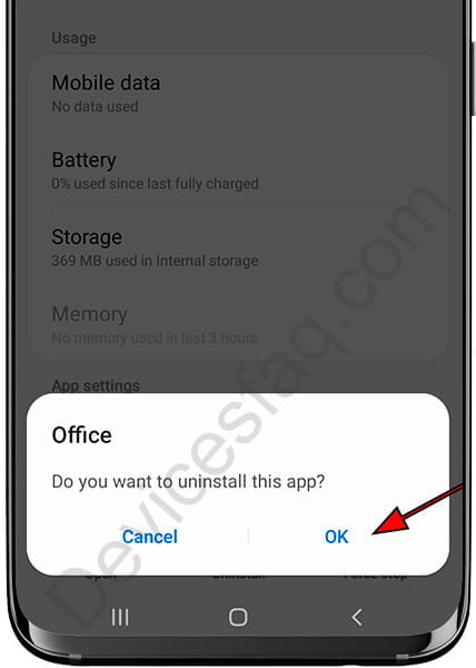 App uninstall message Samsung