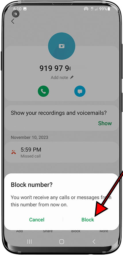 Confirm block contact Samsung