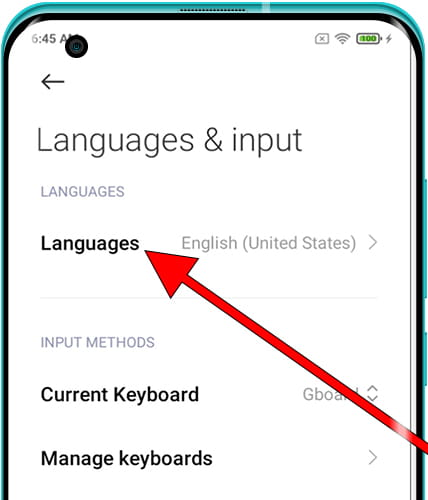 Languages menu Android