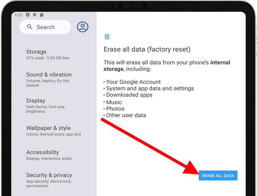 Erase all data (factory reset) Android