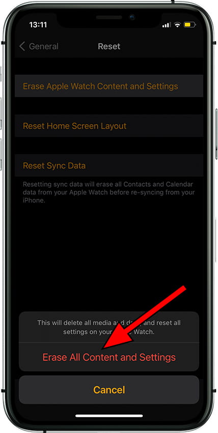 Confirm delete content and settings Apple Watch