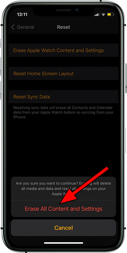 Confirm delete content and settings Apple Watch